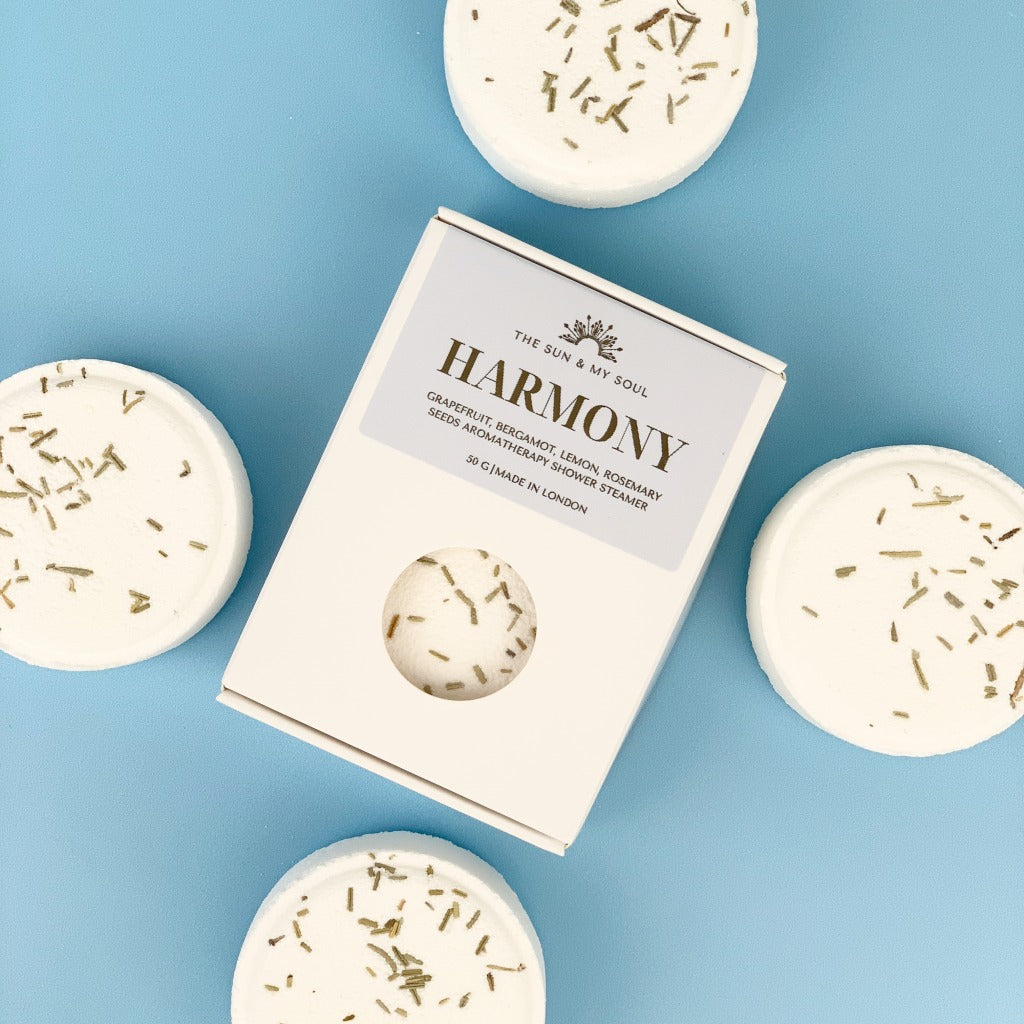 Harmony Aromatherapy Shower Steamer in Box - Grapefruit, Bergamot, Rosemary, Lemon Tea Tree and Rosemary Seeds