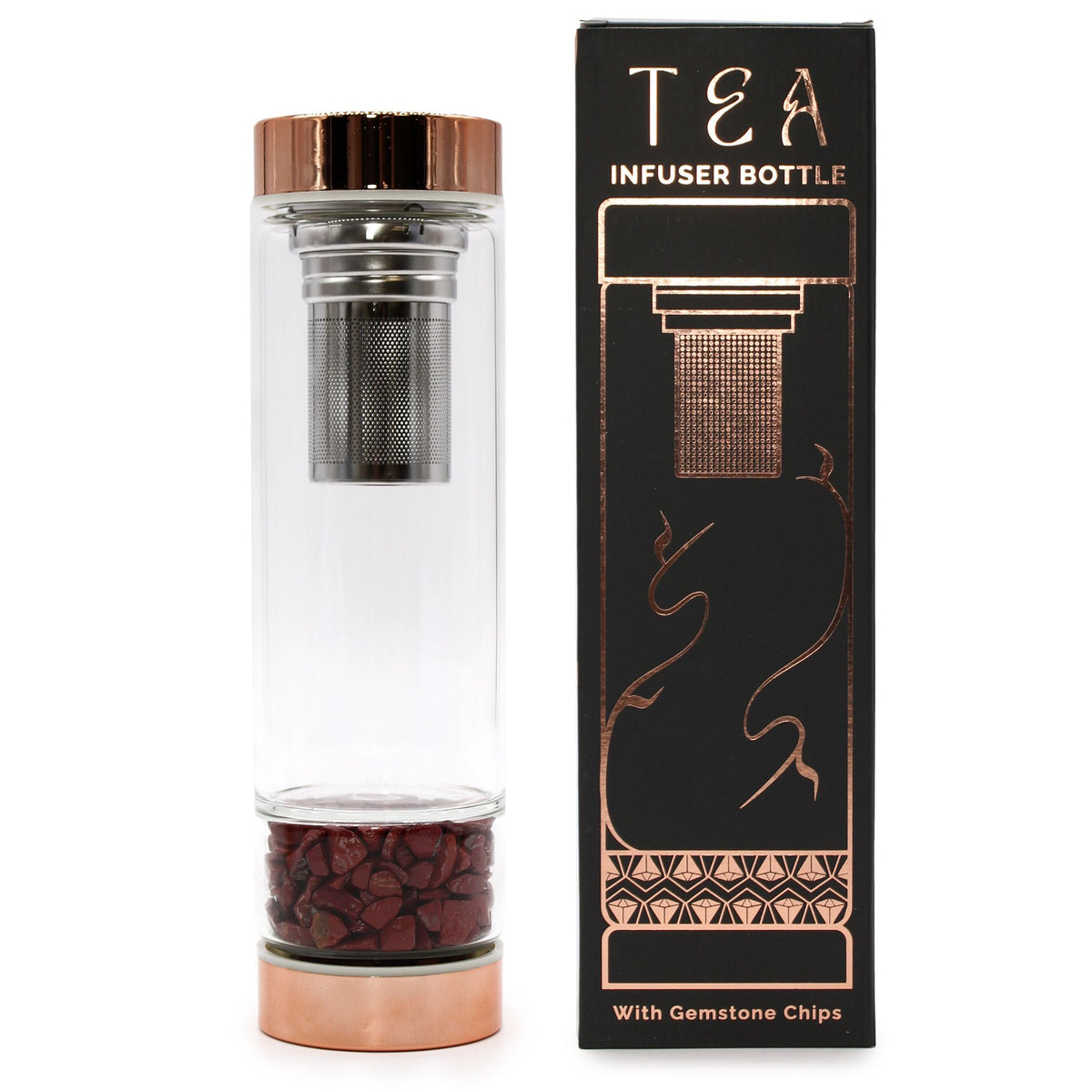 Glass Tea Infuser Bottle – Rose Gold & Red Jasper, 500ml