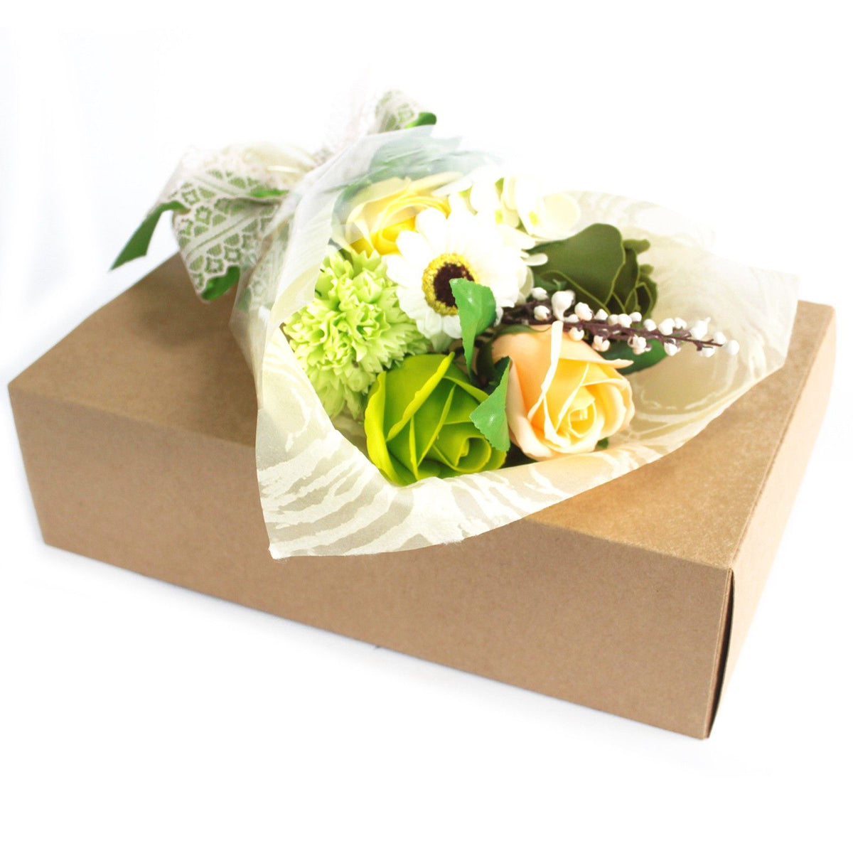 Green boxed soap flower bouquet
