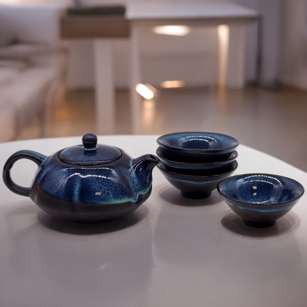 Herbal Blues Ceramic Tea Set – Teapot & 4 Cups