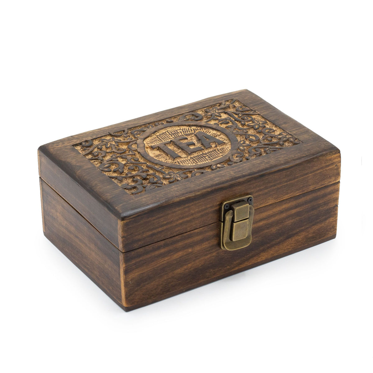 Carved Mango Wood Tea Box – 6 Compartments