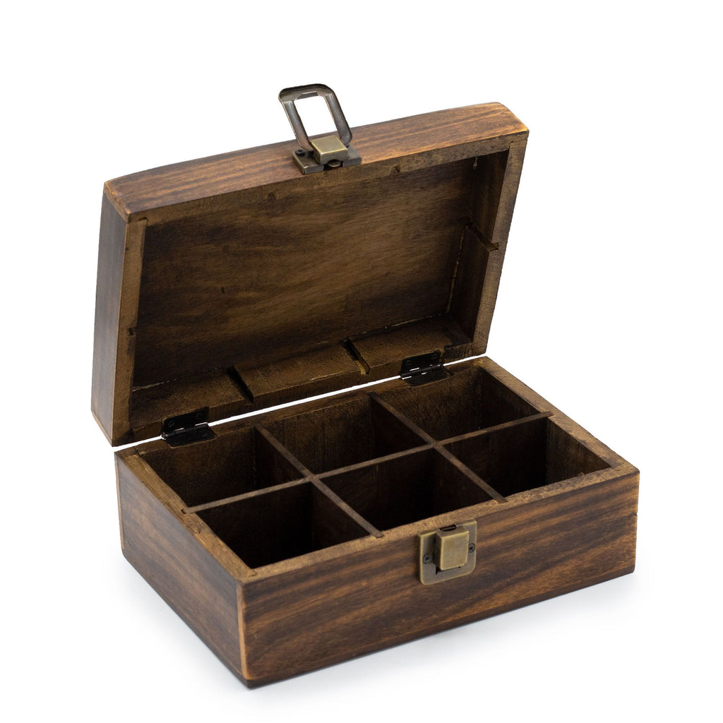 Carved Mango Wood Tea Box – 6 Compartments