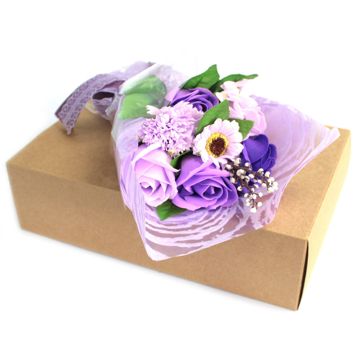 Purple boxed soap flower bouquet