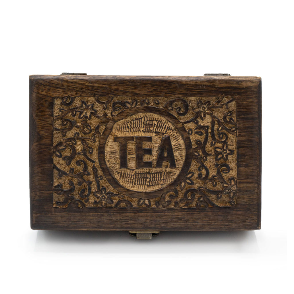 Carved Mango Wood Tea Box – 6 Compartments