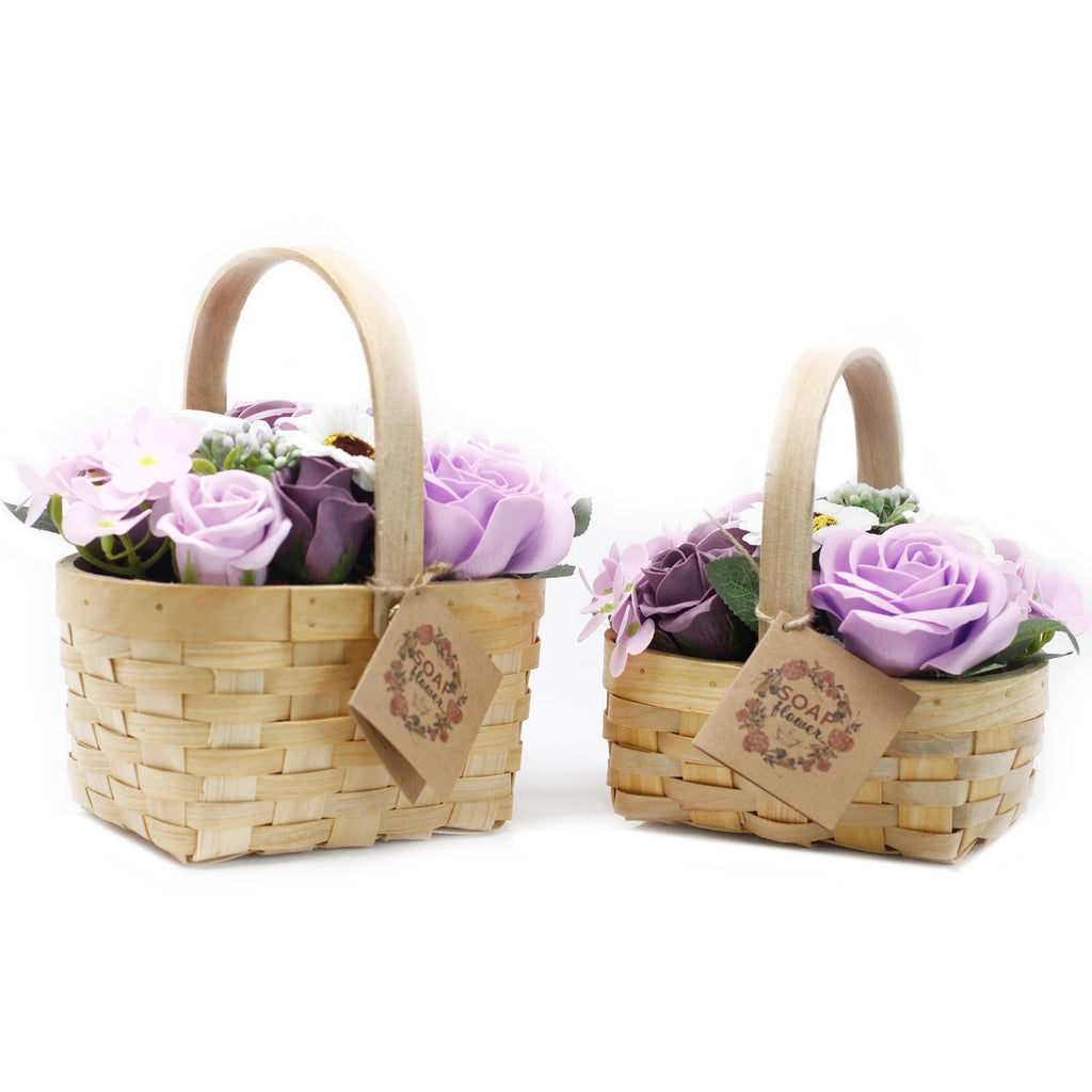 Medium lilac soap flower bouquet in wicker basket