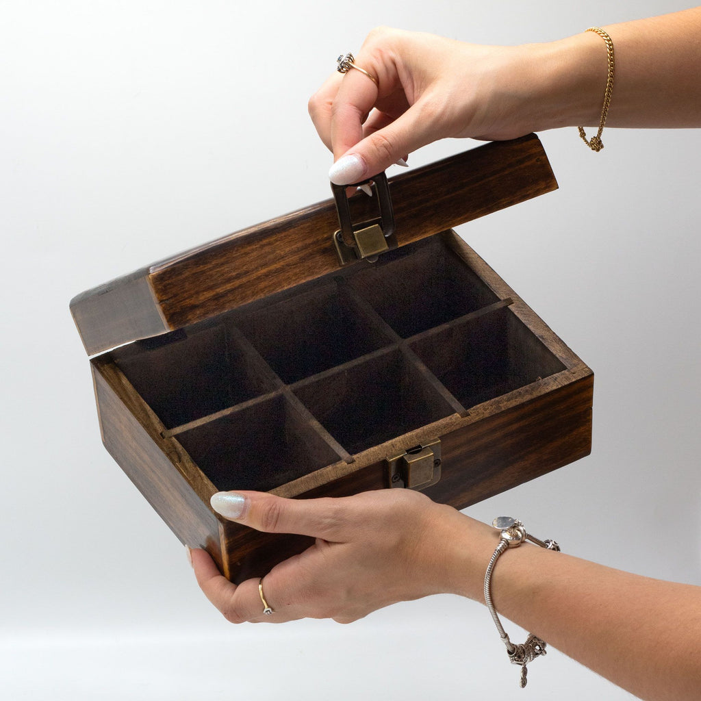 Carved Mango Wood Tea Box – 6 Compartments