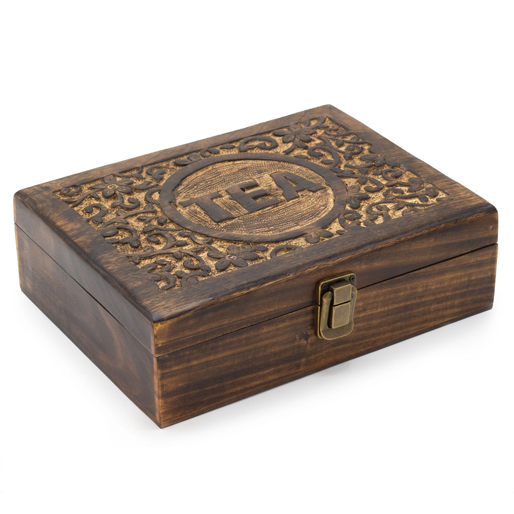Carved Mango Wood Tea Box – 12 Compartments