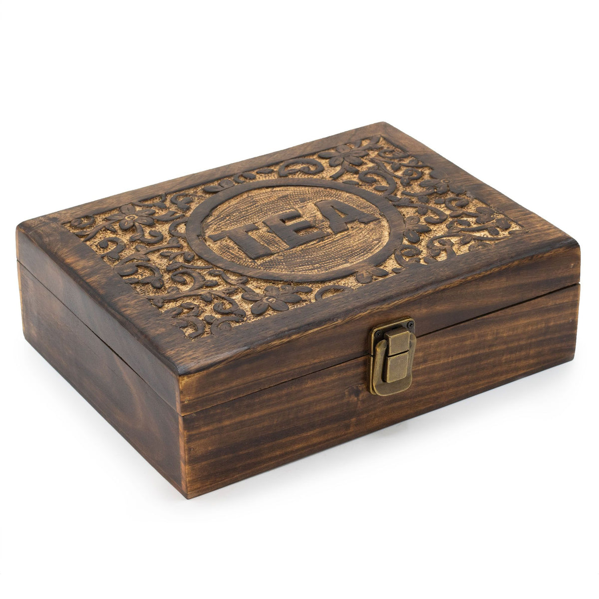 Carved Mango Wood Tea Box – 12 Compartments