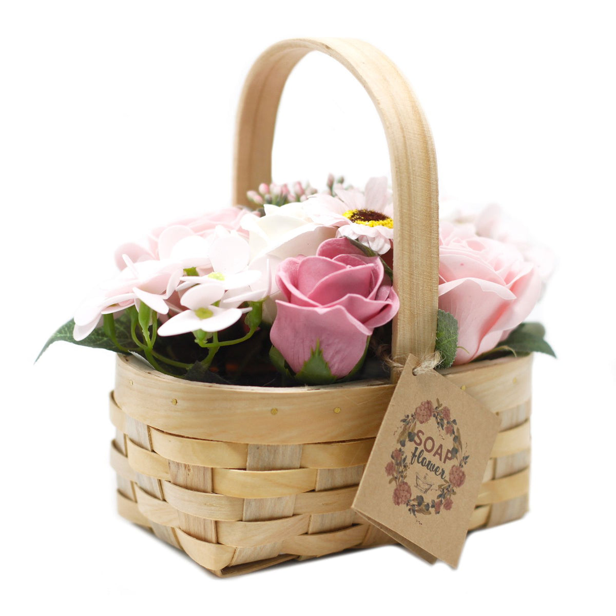 Medium pink soap flower bouquet in wicker basket