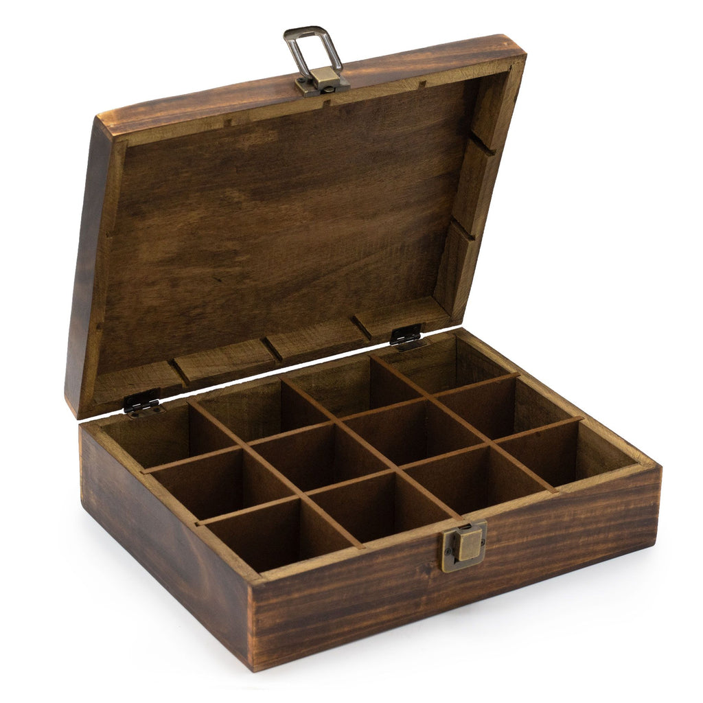 Carved Mango Wood Tea Box – 12 Compartments