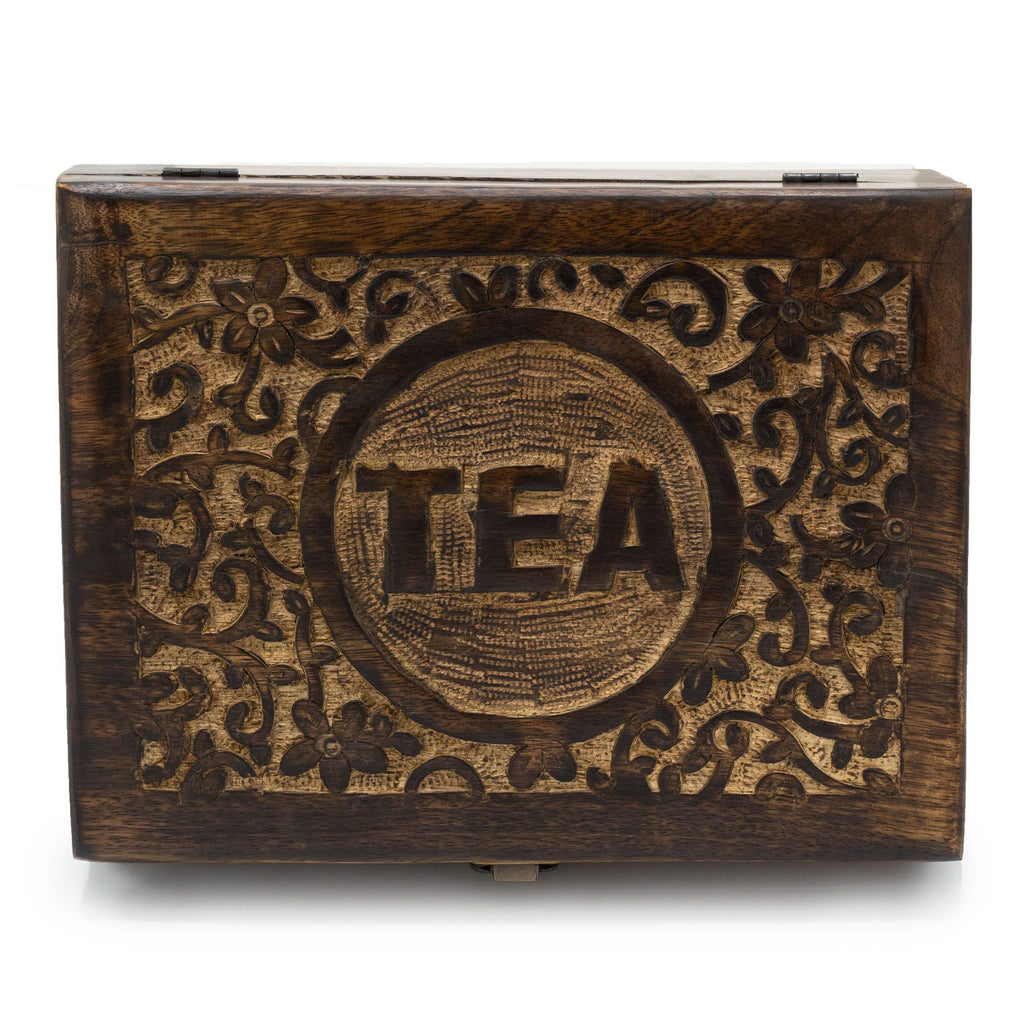 Carved Mango Wood Tea Box – 12 Compartments