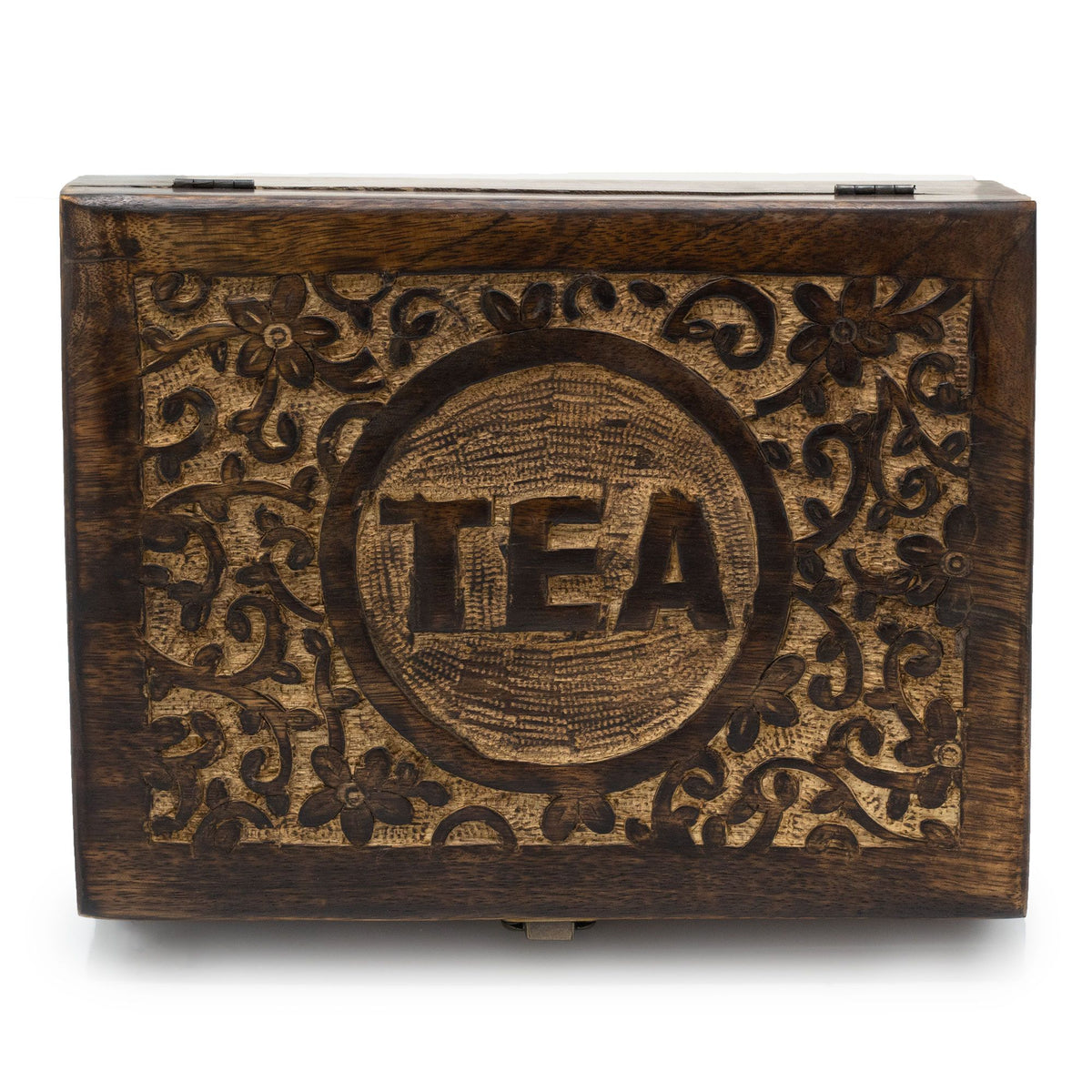 Carved Mango Wood Tea Box – 12 Compartments