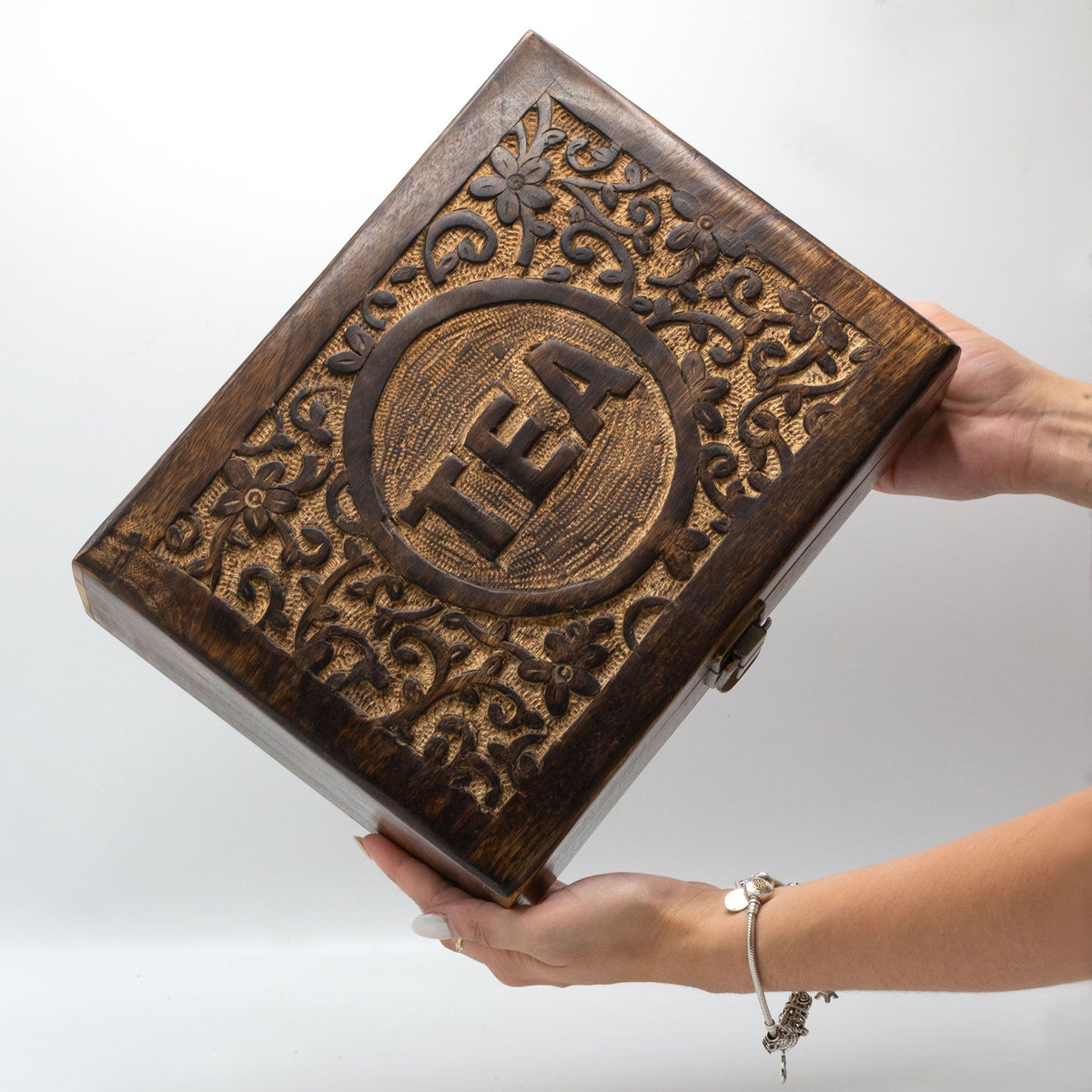 Carved Mango Wood Tea Box – 12 Compartments