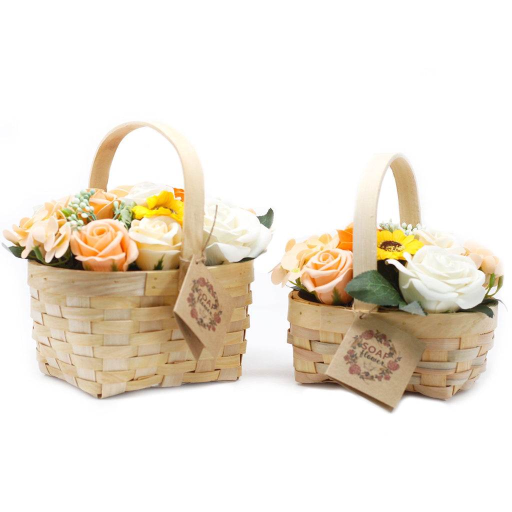 Large orange soap flower bouquet in wicker basket