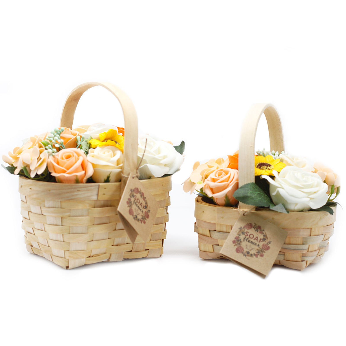 Large orange soap flower bouquet in wicker basket