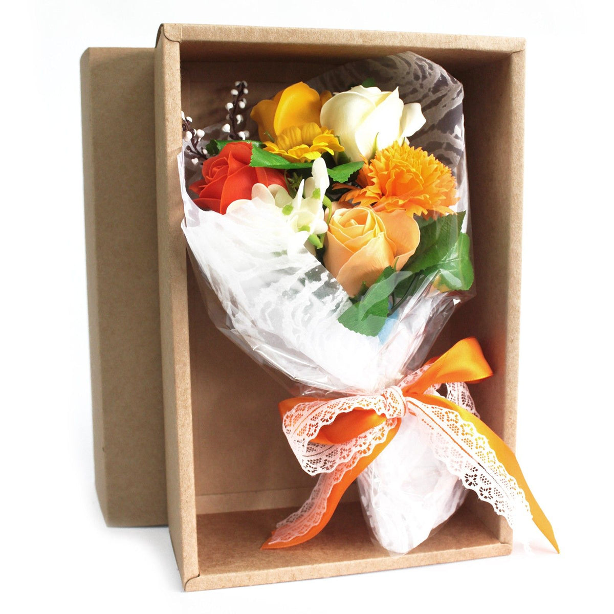 Orange boxed soap flower bouquet