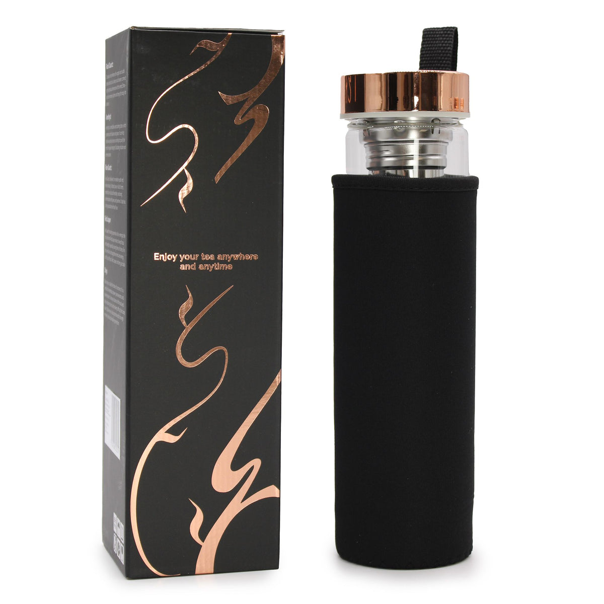 Glass Tea Infuser Bottle – Rose Gold & Onyx, 500ml