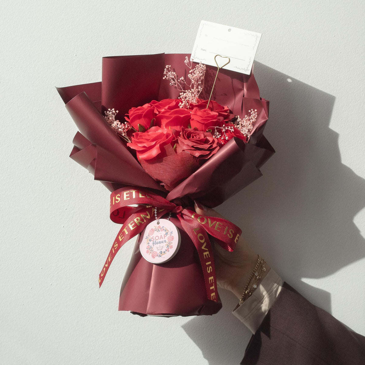 Red Roses Love Is Eternal soap flower bouquet