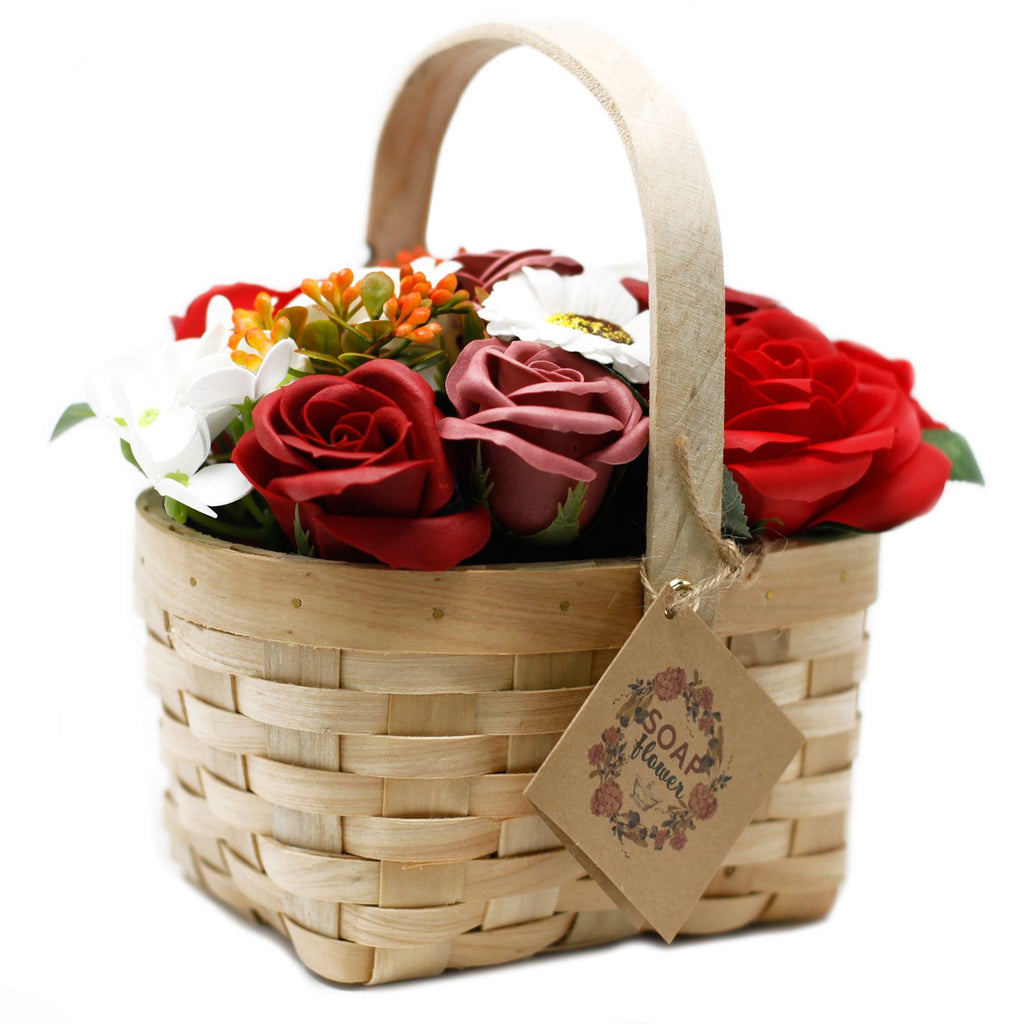 Large red soap flower bouquet in wicker basket