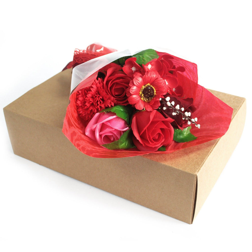 Red boxed soap flower bouquet