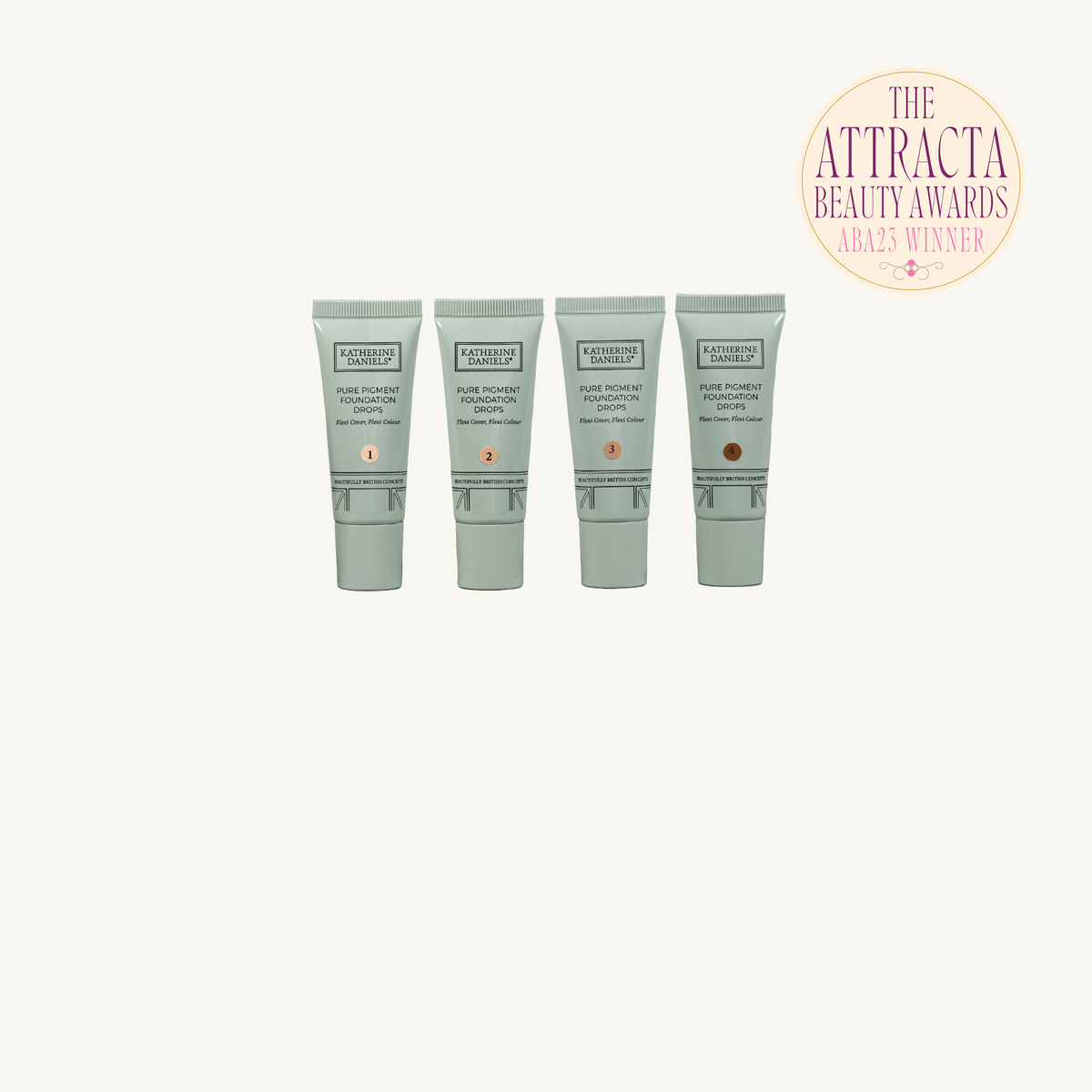 Katherine Daniels Pure Pigment Foundation Drops with Attracta Beauty Awards ABA23 Winner badge