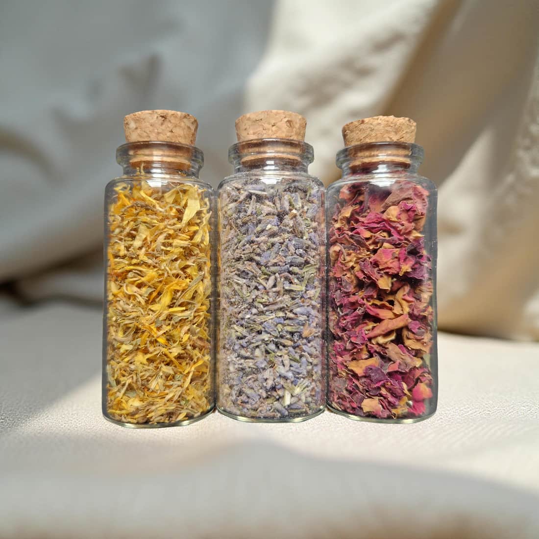 Mini Botanical Vial Trio – Lavender, Rose & Chamomile Petals