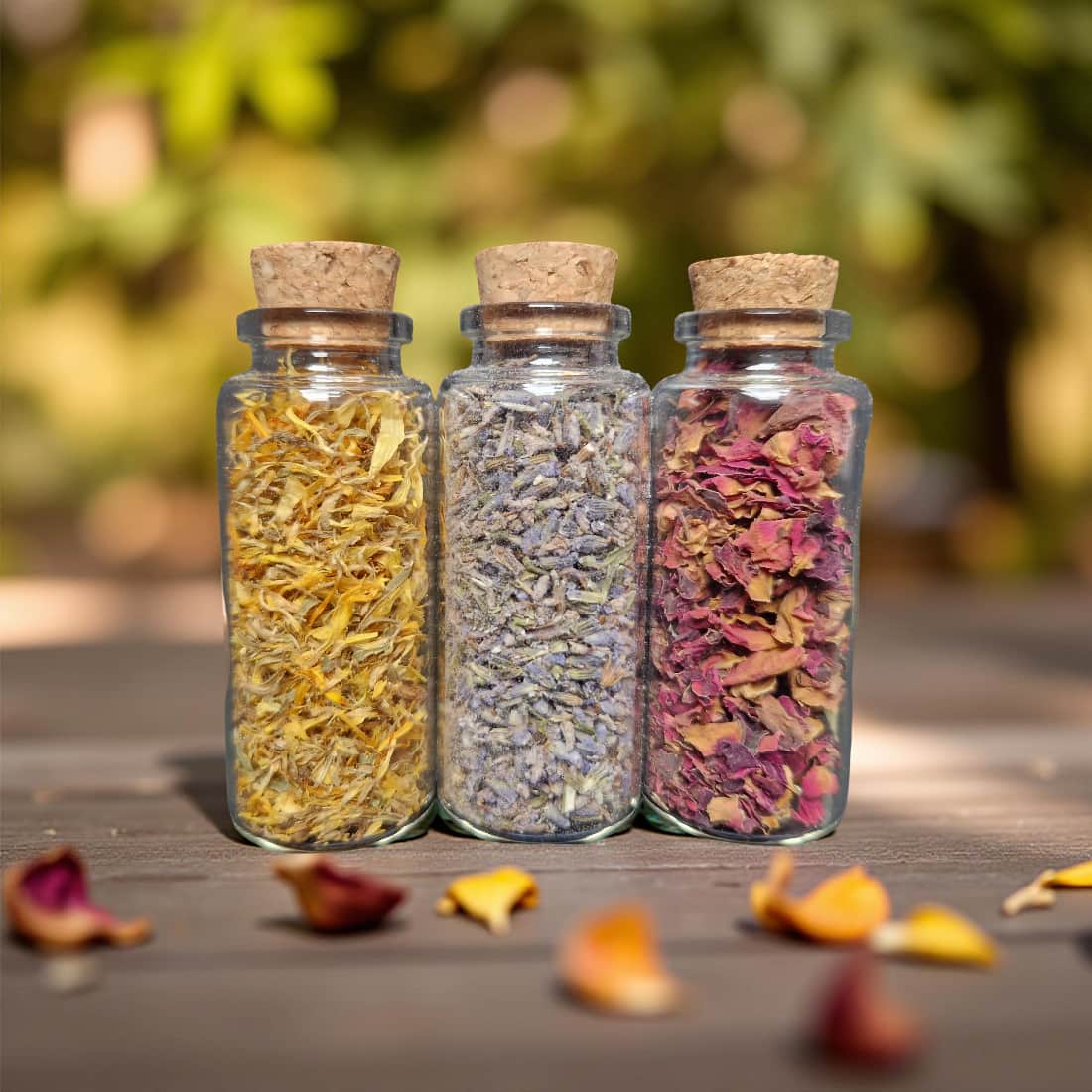 Mini Botanical Vial Trio – Lavender, Rose & Chamomile Petals